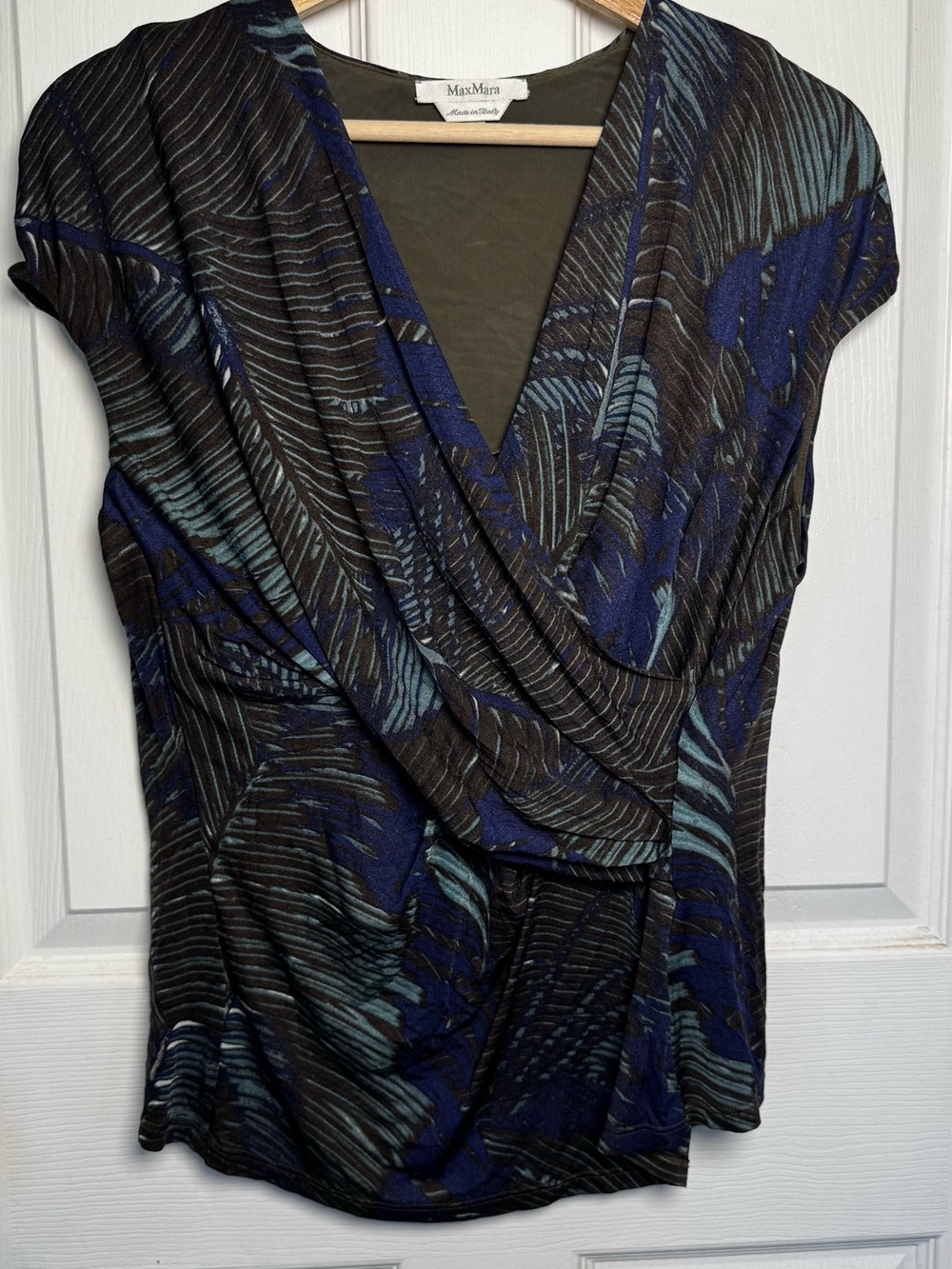 Max Mara Italy Draped Faux Wrap Top XL Blue Brown Abstract Jersey Quiet Luxury
